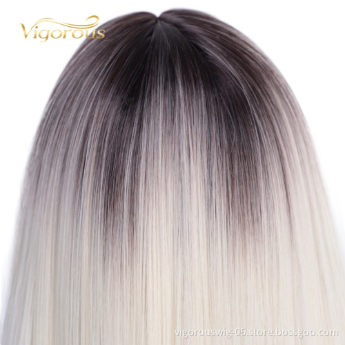 Dropshipping Short Straight Pre Plucked Ombre White Black Bob Lace Front For Women Fiber Wig Synthetic Hair